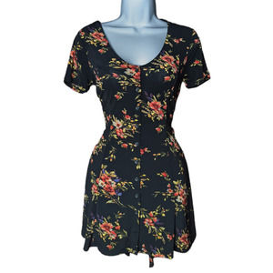 Forever 21 Black Floral Button Front Tie Back Short Sleeve Skater Mini Dress S
